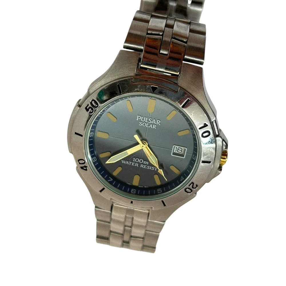 Men's Pulsar SOLAR Stainless Steel Wrist Watch 100m Date V145-X003